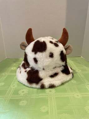 Cute Fuzzy Cow Bucket Hats With Horns, Creative Fluffy Cow Hats,  Bucket Hats fo
